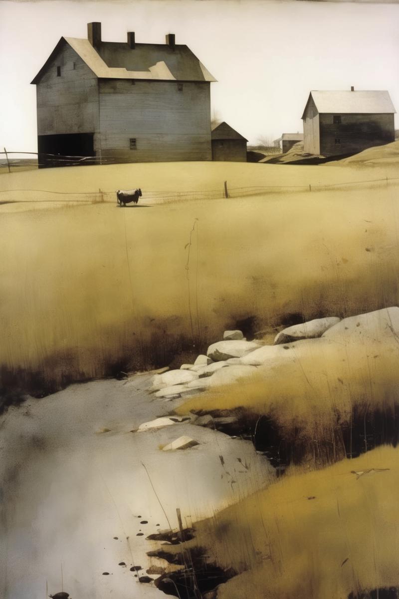 00513-2987360142-_lora_Andrew Wyeth Style_1_Andrew Wyeth Style - Art by Andrew Wyeth - A serene scene featuring a countryside farm in the morning.png